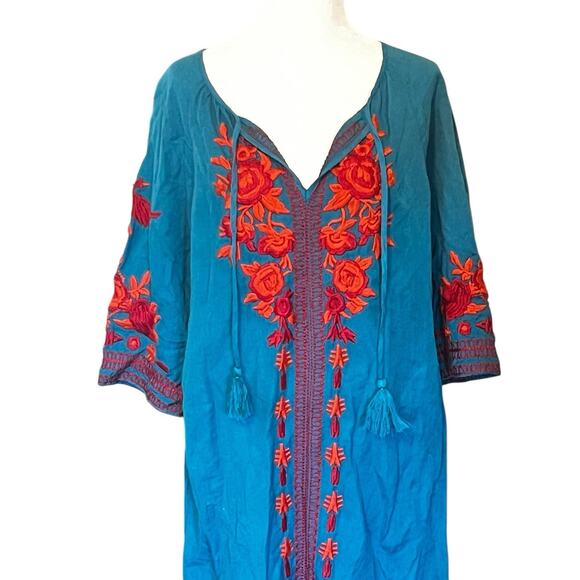 Soft Surroundings Bird Embroidered Midi Dress •M• Aztec Boho Kaftan Tassel Teal - Picture 3 of 13